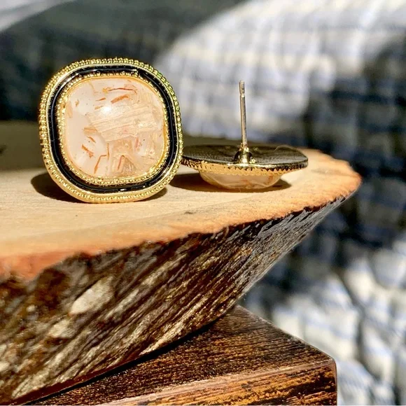 Luxury Stunning Bright Smooth Mineral Glass Boutique Square Cut Earrings - Picture 5 of 5